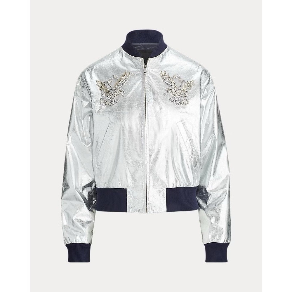 Ralph Lauren Collection Juliet Beaded Lamb Leather Bomber Jacket Silver Size 10 - Picture 1 of 16